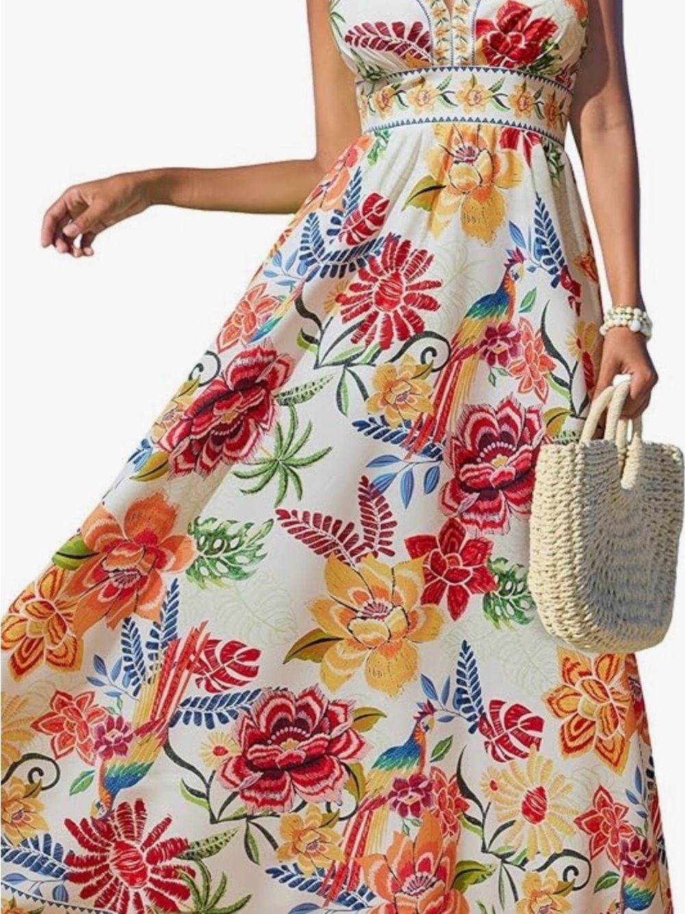 Cupshe White Maxi Skirt with Bright Floral & Multicolor Bird Print